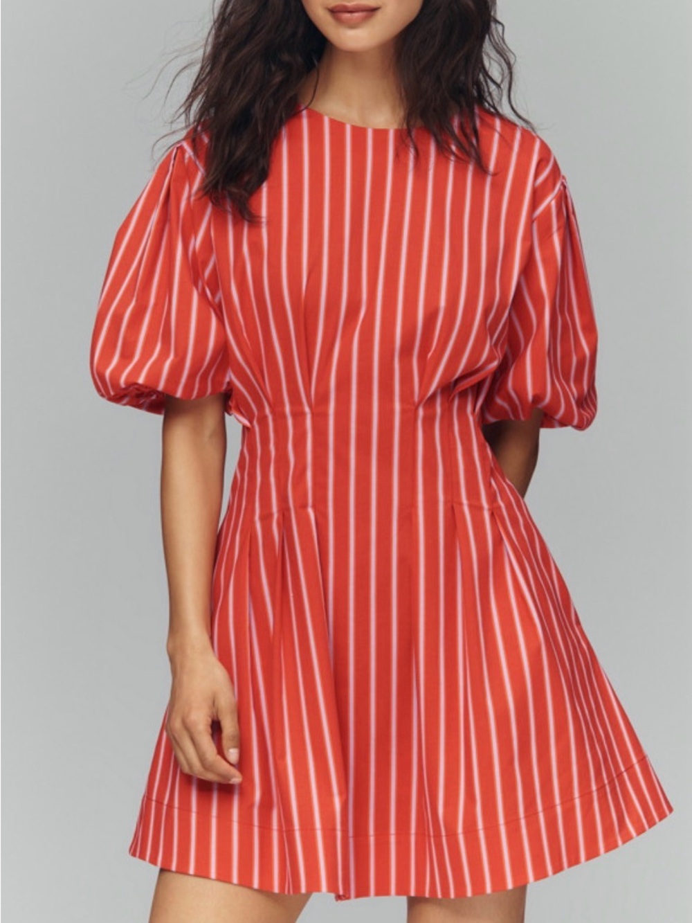 Exquise Anthropologie Puff Sleeve Mini Dress A-line Red Pink Stripe Large